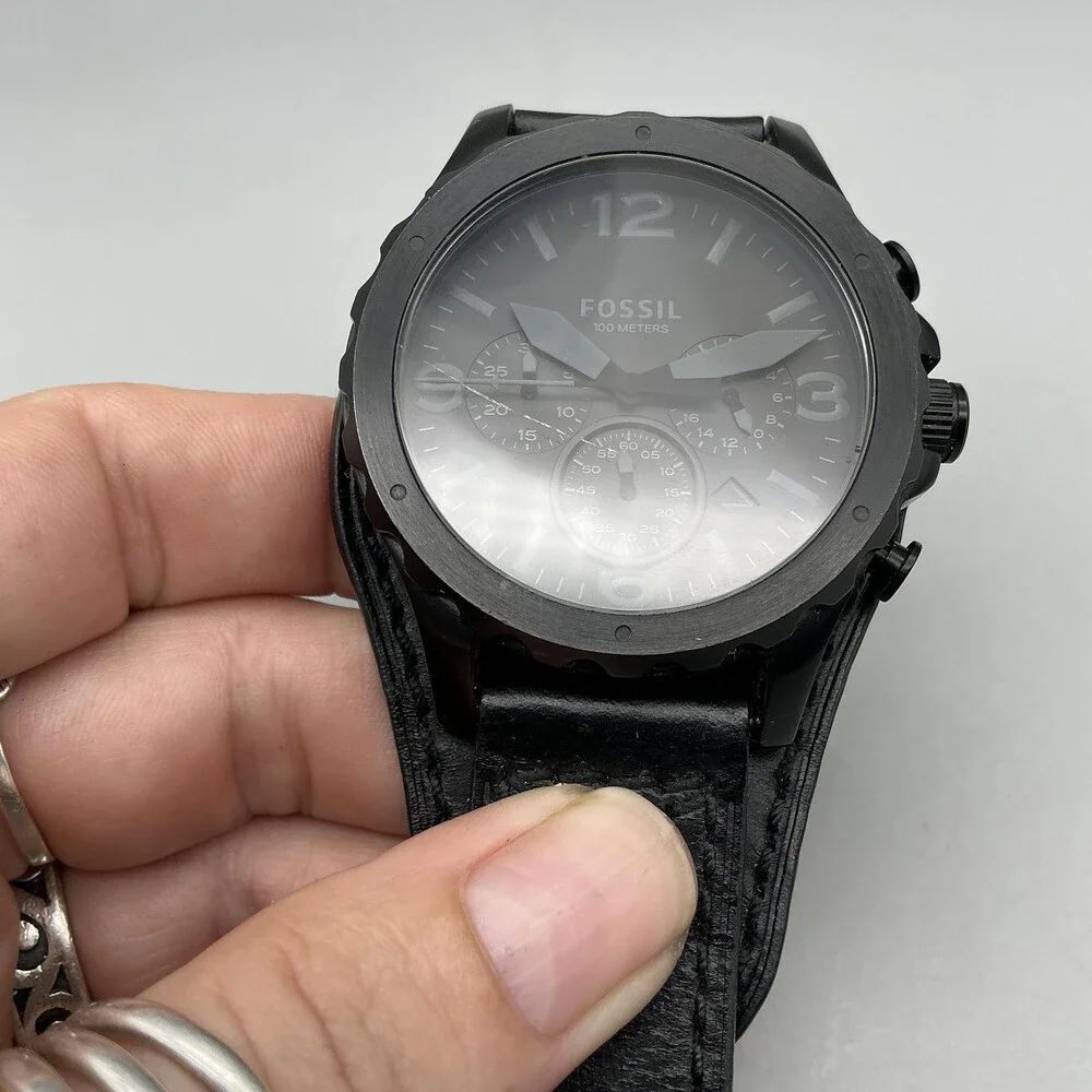 Fossil Nate JR1510 Mens Watch 46mm Black Leather Chronograph New Battery